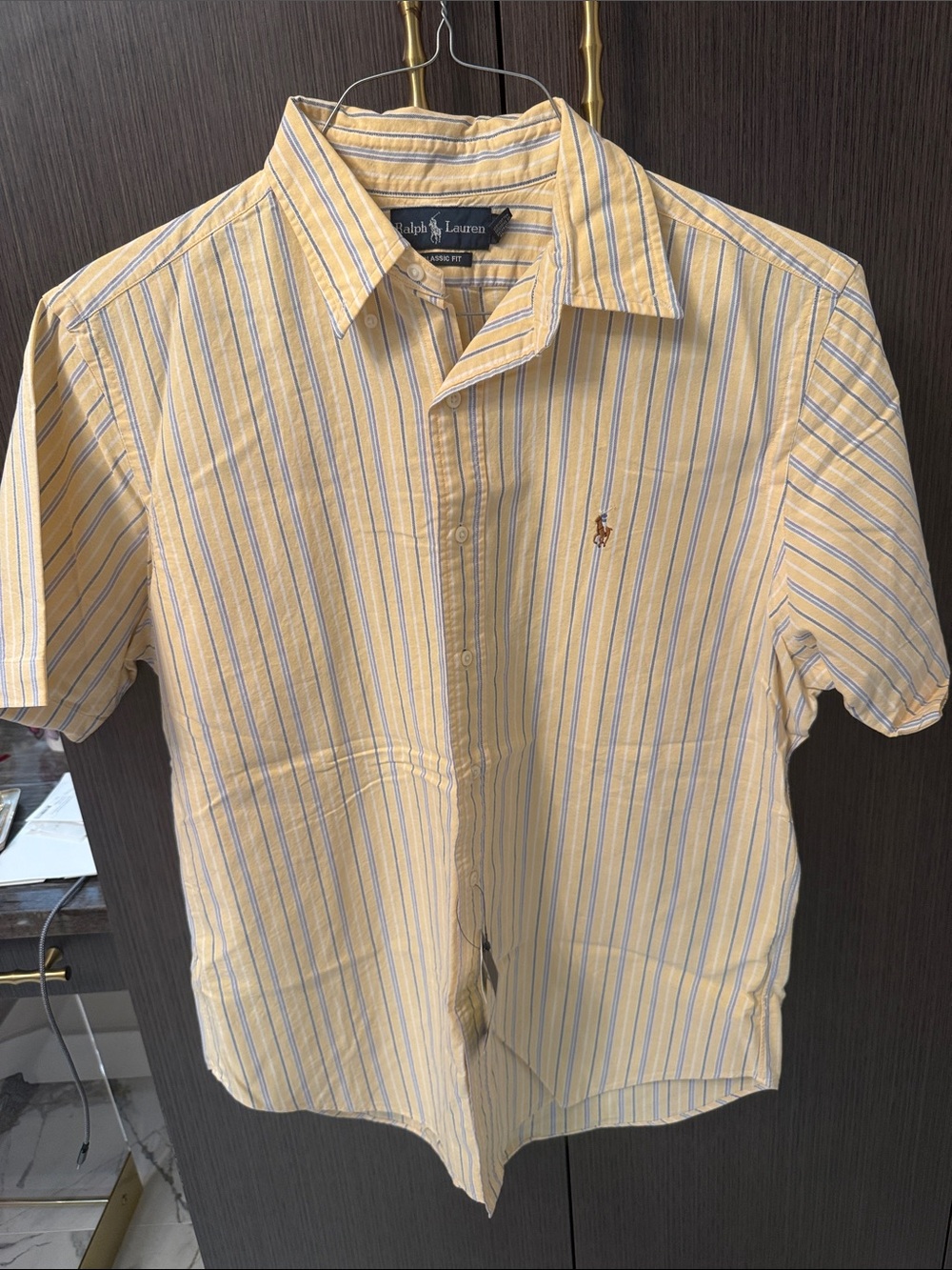 Ralph Lauren Yellow and Blue Striped Short-Sleeve Button-Down Shirt Vintage NEW